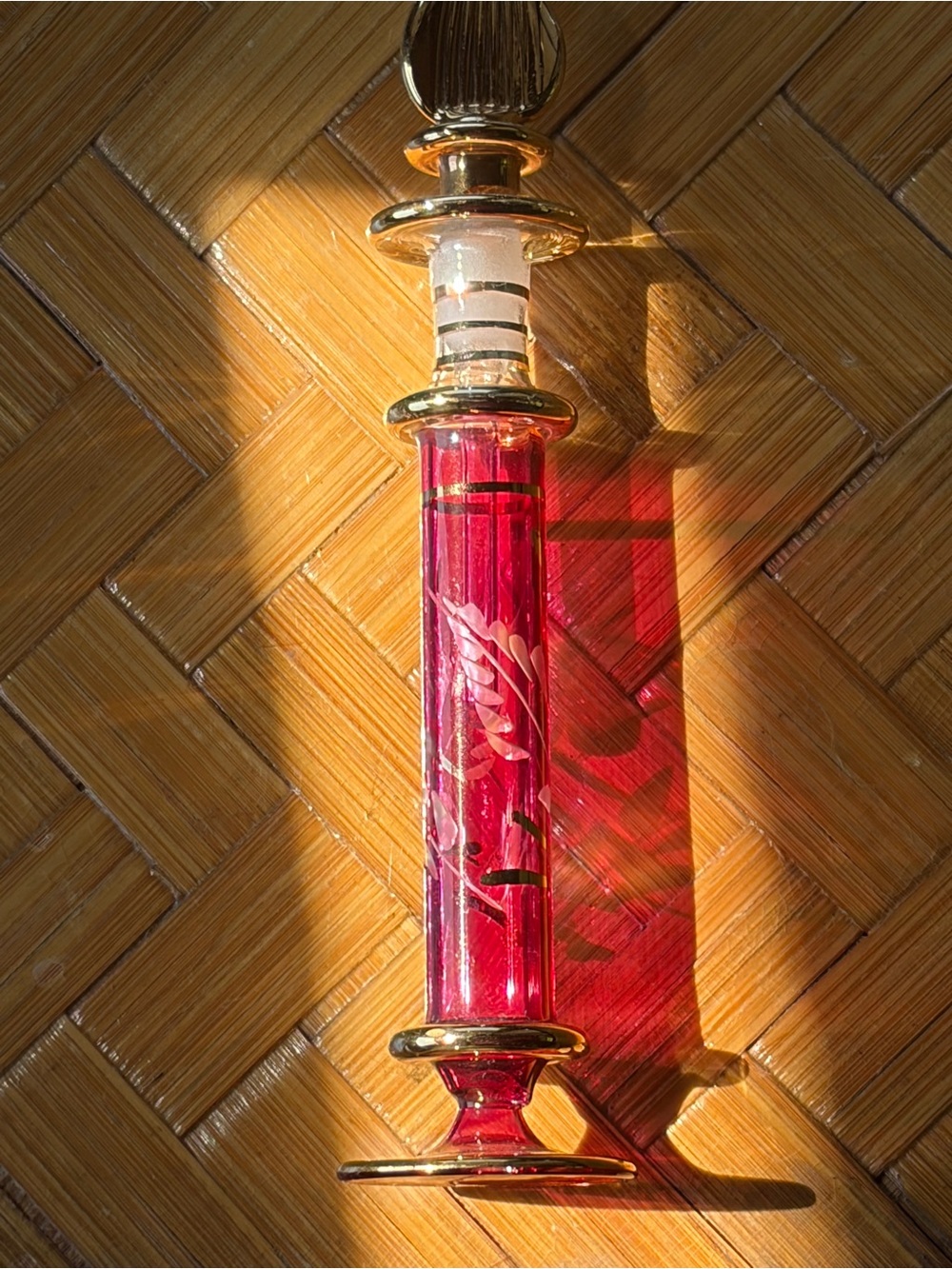 Vintage Ruby Red Glass Perfume Bottle Gold Trim Enamel Floral Stopper 6.25” - Picture 4 of 10